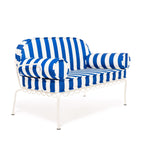 The Al Fresco Love Seat in Crew Mediterranean Blue Stripe | Antique White Frame Bundle Business & Pleasure Co. 