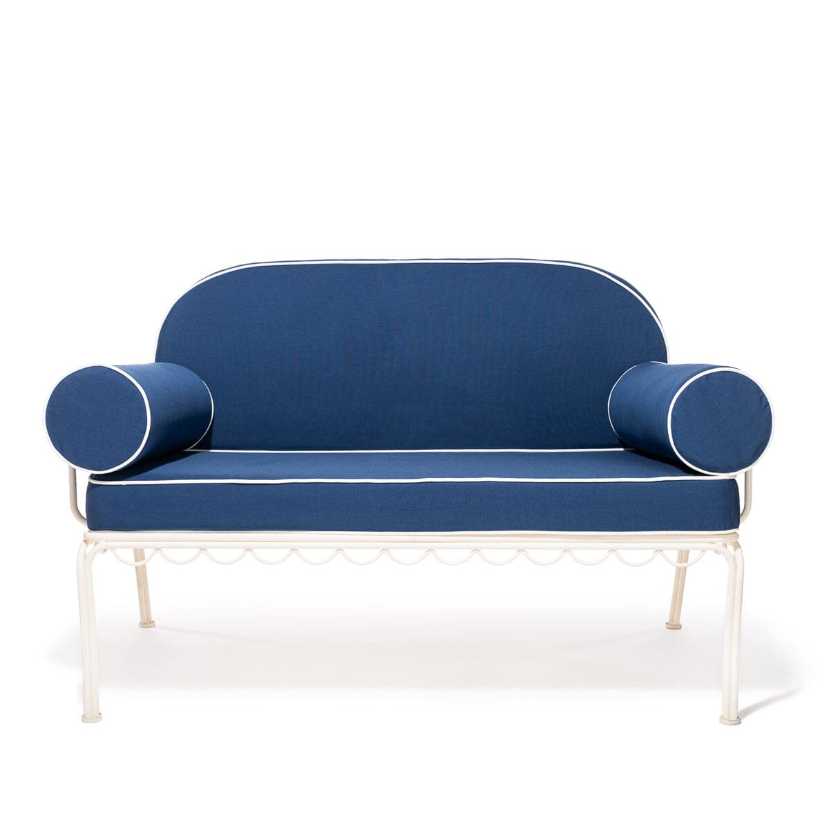 Blue sofa with cylindrical armrests on a white background
