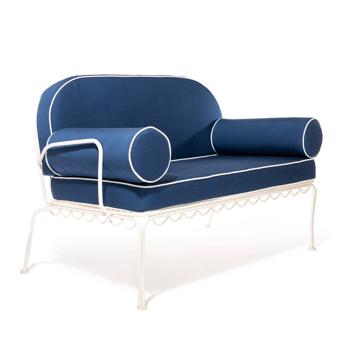 Blue cushioned chair with white frame on a white background