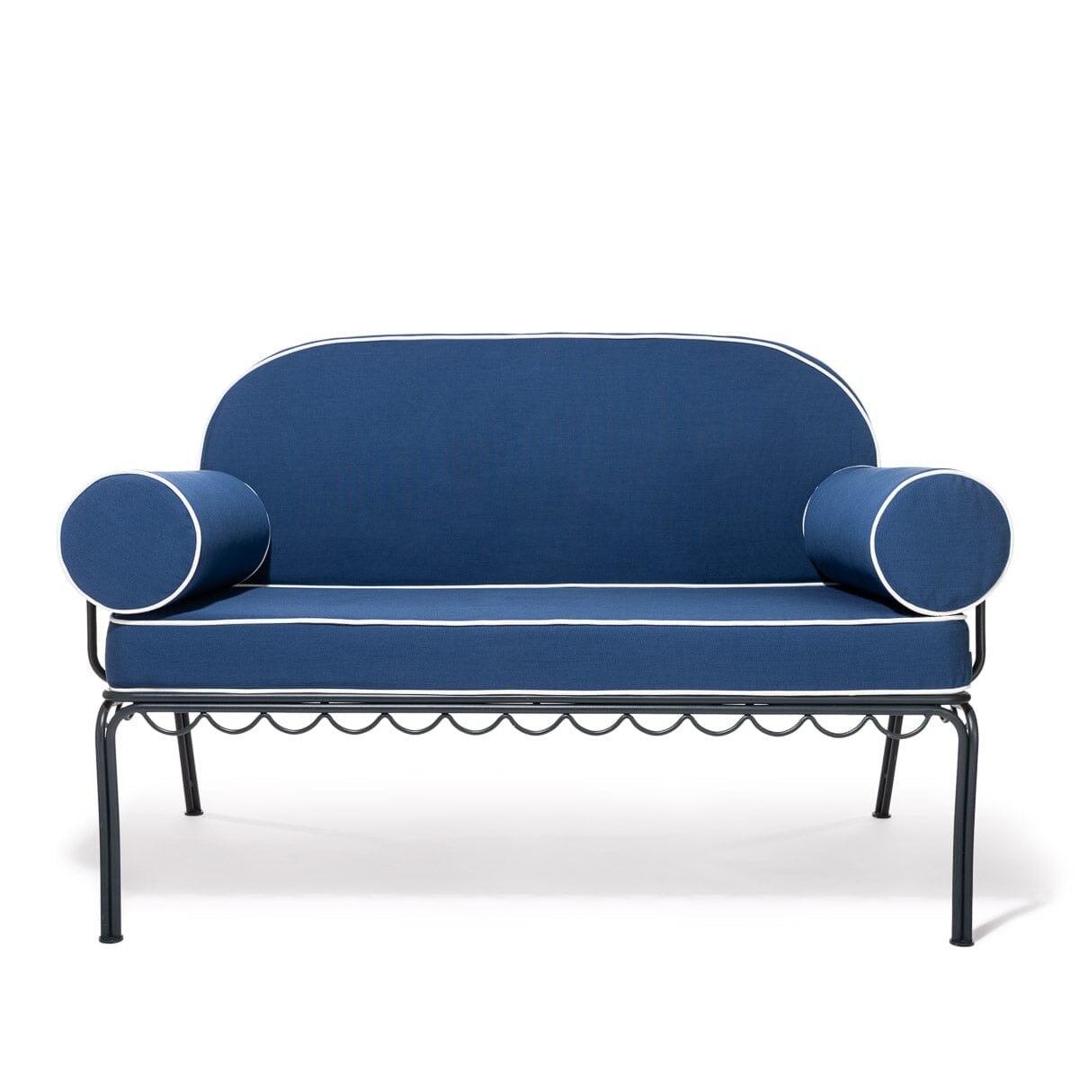 Blue sofa with black metal frame on a white background