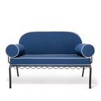 Blue sofa with black metal frame on a white background