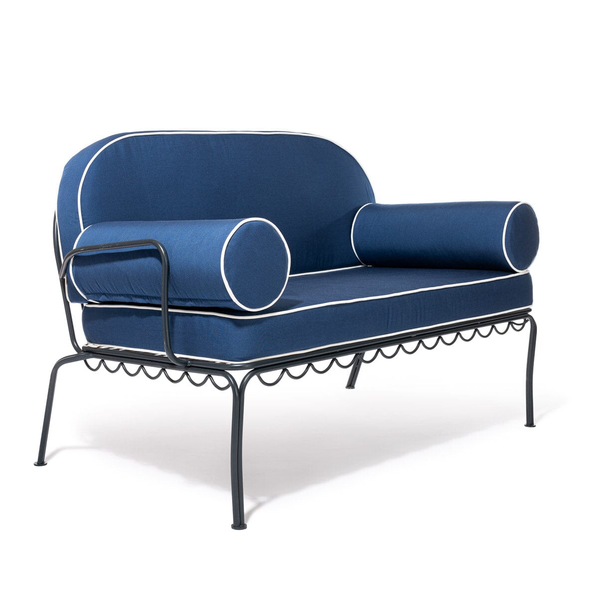 Blue sofa with black metal frame on a white background
