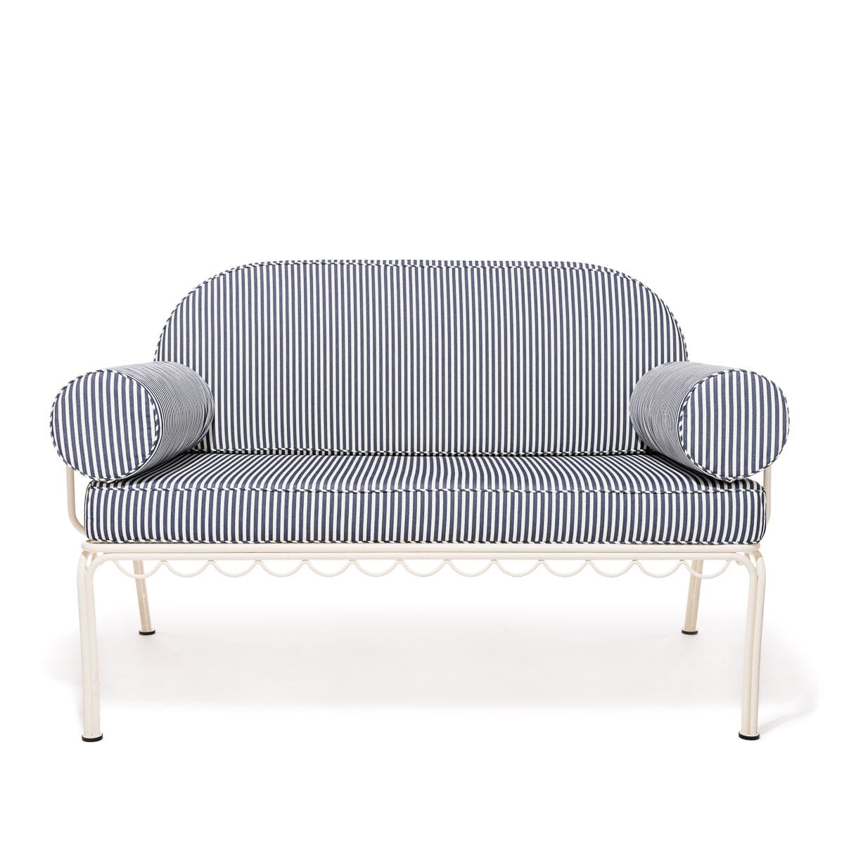 The Al Fresco Love Seat in Lauren's Navy Stripe | Antique White Frame Bundle Business & Pleasure Co. 