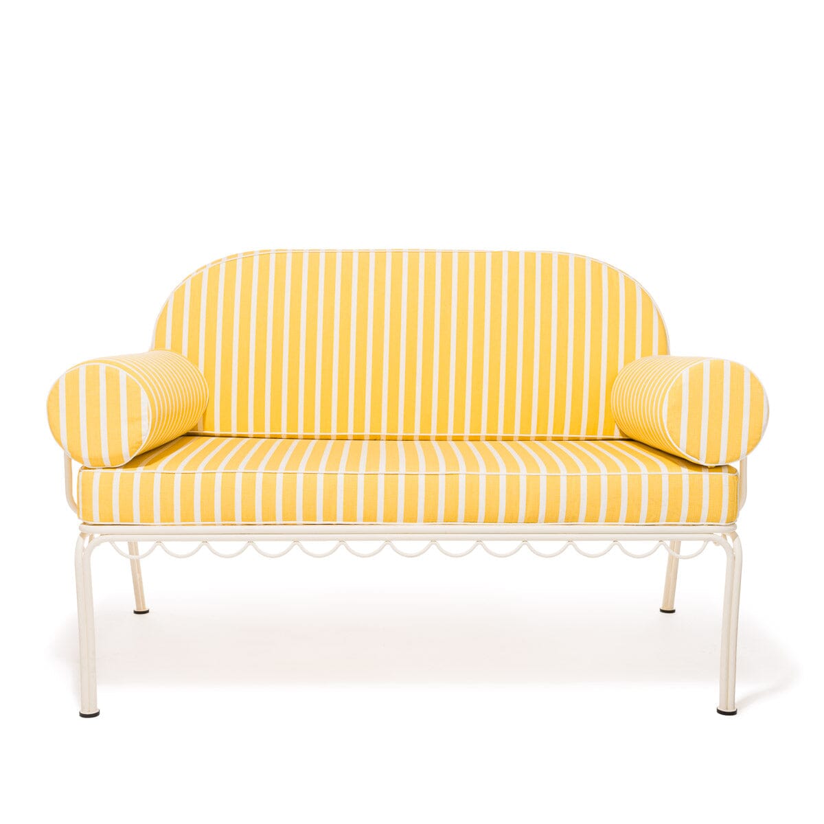 The Al Fresco Love Seat in Monaco Mimosa Stripe | Antique White Frame Bundle Business & Pleasure Co. 