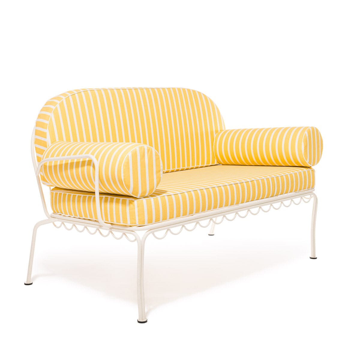 The Al Fresco Love Seat in Monaco Mimosa Stripe | Antique White Frame Bundle Business & Pleasure Co. 