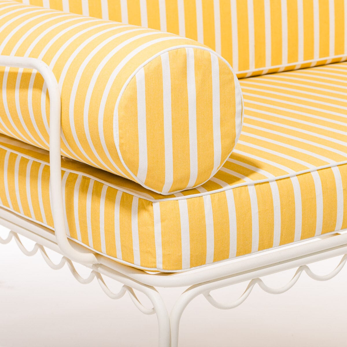 The Al Fresco Love Seat in Monaco Mimosa Stripe | Antique White Frame Bundle Business & Pleasure Co. 