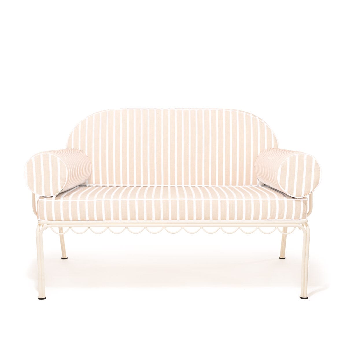 The Al Fresco Love Seat in Monaco Natural Stripe | Antique White Frame Bundle Business & Pleasure Co. 