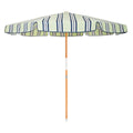 Striped beach umbrella with a wooden handle on a white background