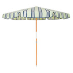 Striped beach umbrella with a wooden handle on a white background