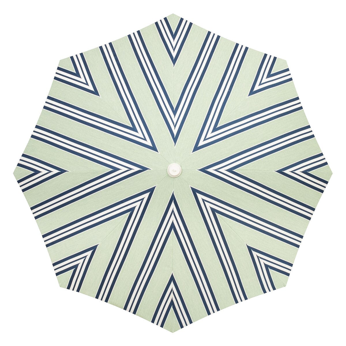 Hexagonal umbrella with blue and white striped pattern on a light green background