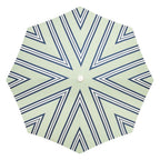 Hexagonal umbrella with blue and white striped pattern on a light green background