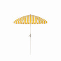 Yellow and white striped beach umbrella on a white background