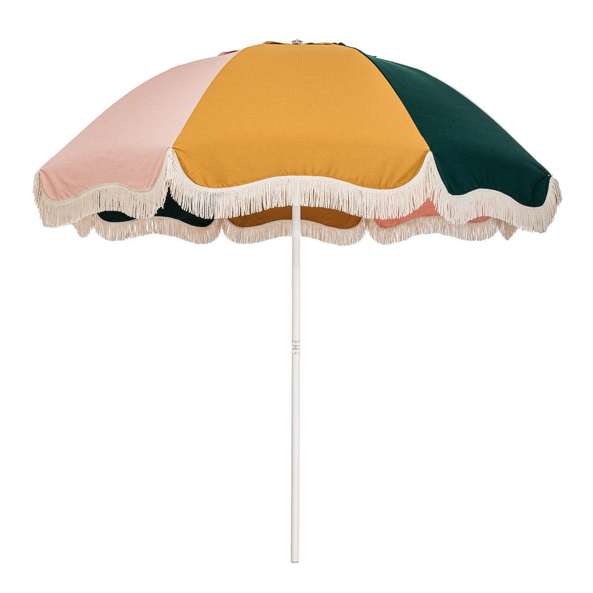 Colorful umbrella with fringe front facing on white background