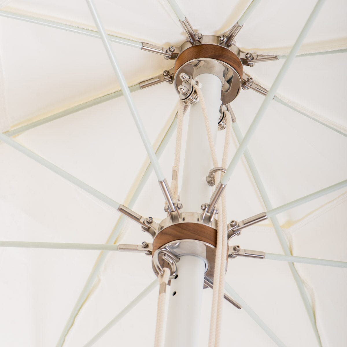 close up of umbrella hardware on white umbrella
