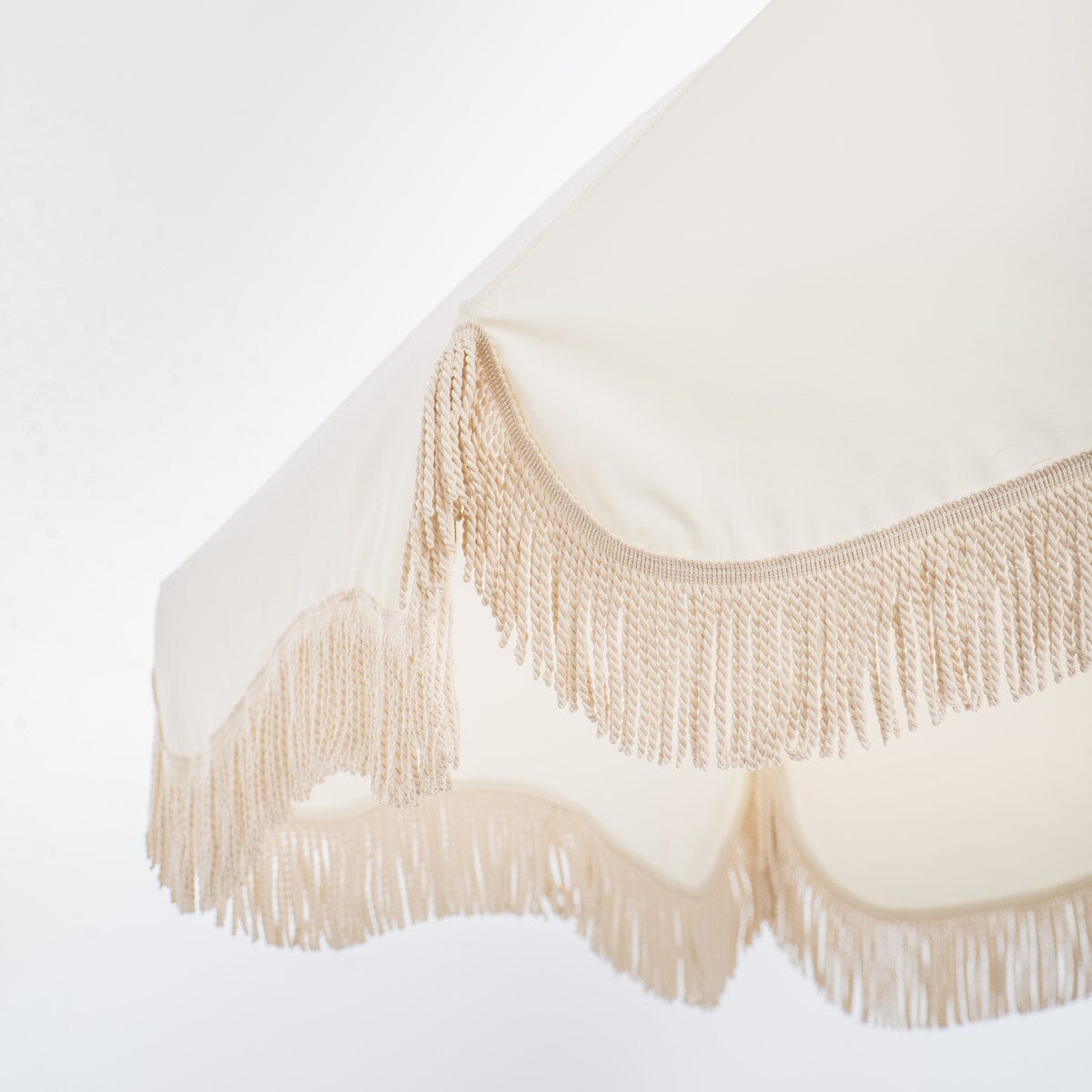 close up detail of fringe on white umbrella