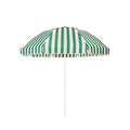 Business & Pleasure Co. Patio Umbrella in Bistro Green Stripe, featuring a dome-shaped canopy with green, blush pink and white stripes, a shaped valance, white piping and a white center pole.