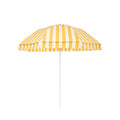 The Patio Umbrella by Business & Pleasure Co. in Crew Mimosa Yellow Stripe features equally spaced yellow and white stripes throughout the umbrella canopy, which is in a dome shape and on a white pole.