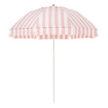 Pink and white striped beach umbrella on a white background