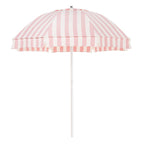 Pink and white striped beach umbrella on a white background
