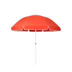 Business & Pleasure Co. Patio Umbrella in Elsa Red, featuring a dome-shaped red canopy with a shaped valance, contrasting white piping and a white center pole.