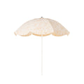 Beige & white floral patio umbrella with a scalloped edge on a white background