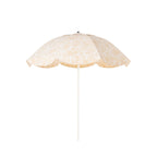 Beige & white floral patio umbrella with a scalloped edge on a white background
