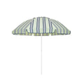 Business & Pleasure Co. Patio Umbrella in JBCO Green Stripes, featuring a dome-shaped pale green canopy with navy and white stripes, scalloped edges, navy piping and a white center pole.