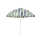 Business & Pleasure Co. Patio Umbrella in JBCO Green Stripes, featuring a dome-shaped pale green canopy with navy and white stripes, scalloped edges, navy piping and a white center pole.
