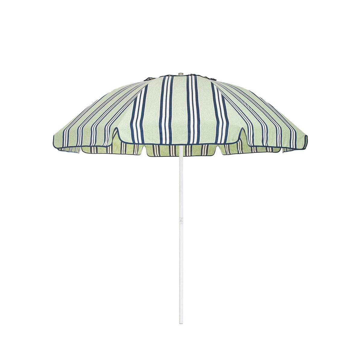 Business & Pleasure Co. Patio Umbrella in JBCO Green Stripes, featuring a dome-shaped pale green canopy with navy and white stripes, scalloped edges, navy piping and a white center pole.