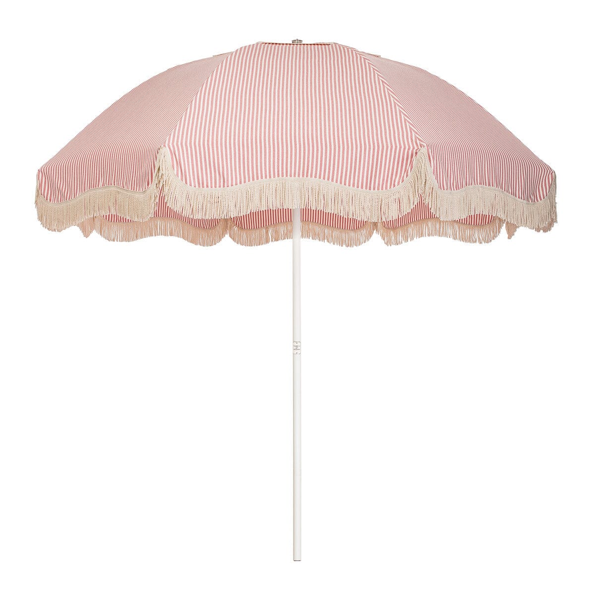 pink stripe umbrella with white fringe on white background forward facing
