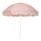pink stripe umbrella with white fringe on white background forward facing