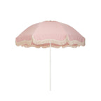 Business & Pleasure Co. Patio Umbrella in Laurens Pink Stripe, featuring a dome-shaped canopy with fine pink and white stripes, scalloped edges, cream fringe trim and a white center pole.