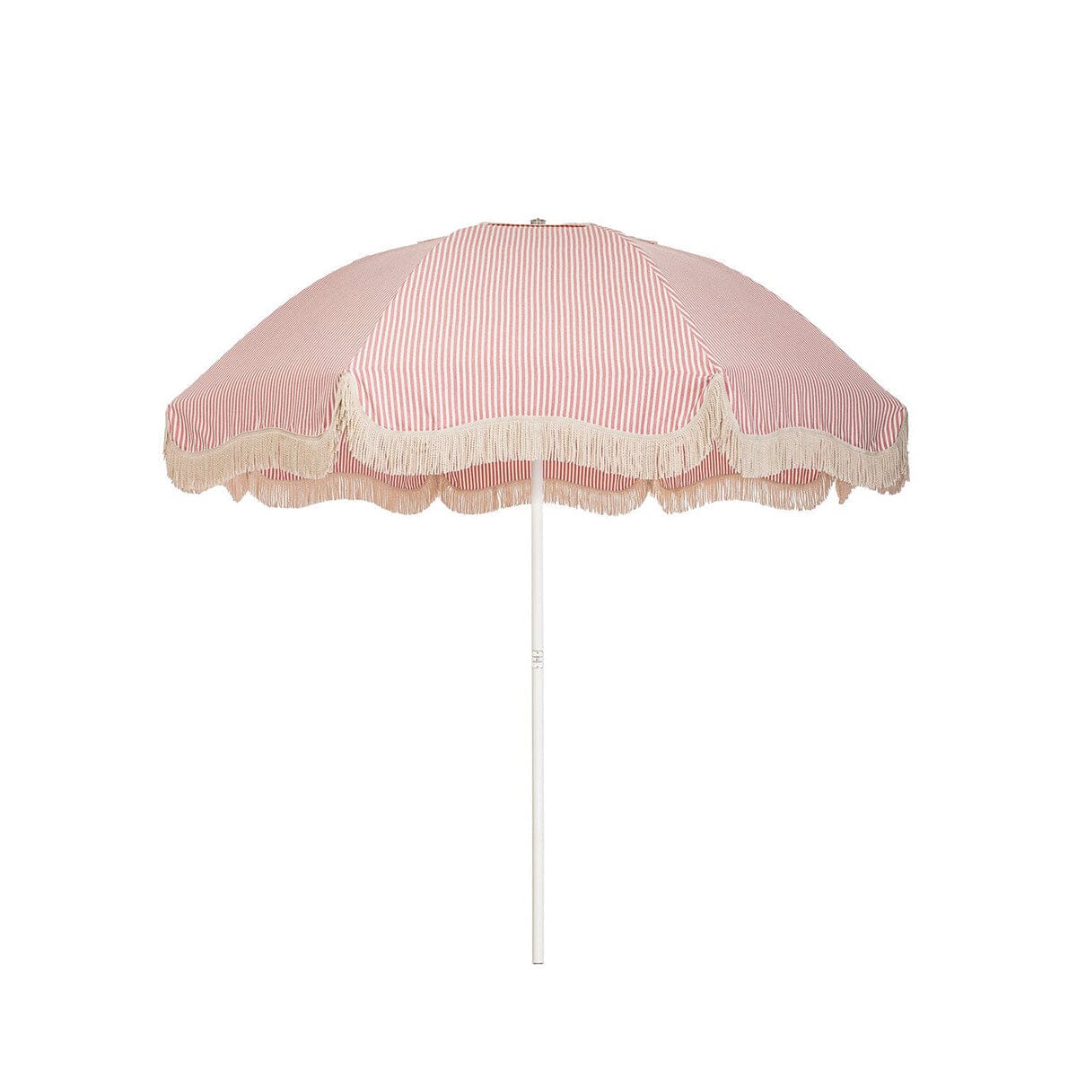 Business & Pleasure Co. Patio Umbrella in Laurens Pink Stripe, featuring a dome-shaped canopy with fine pink and white stripes, scalloped edges, cream fringe trim and a white center pole.