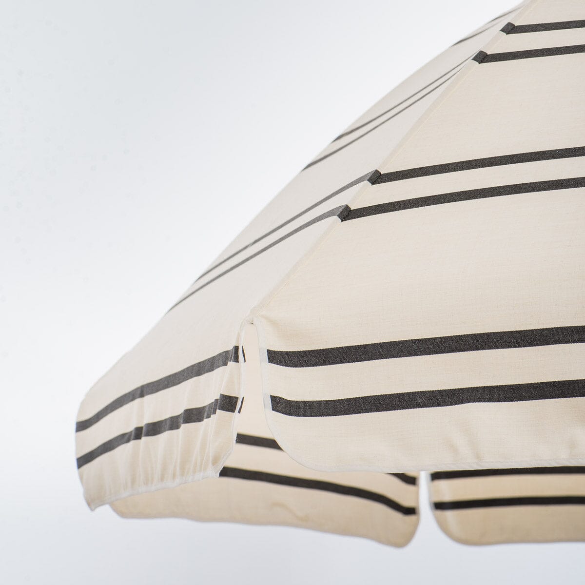 close up of canopy edge on black and white stripe umbrella