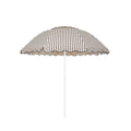 Business & Pleasure Co. Patio Umbrella in Monaco Black Stripe, featuring a dome-shaped cream canopy with fine black stripes, scalloped edges, black piping and a white center pole.