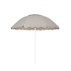 Business & Pleasure Co. Patio Umbrella in Monaco Black Stripe, featuring a dome-shaped cream canopy with fine black stripes, scalloped edges, black piping and a white center pole.
