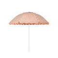 Business & Pleasure Co. Patio Umbrella in Monaco Le Sirenuse Stripe, featuring a dome-shaped cream canopy with fine terracotta red stripes, scalloped edges, matching red piping and a white center pole.
