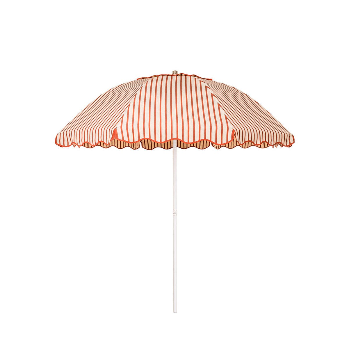 Business & Pleasure Co. Patio Umbrella in Monaco Le Sirenuse Stripe, featuring a dome-shaped cream canopy with fine terracotta red stripes, scalloped edges, matching red piping and a white center pole.