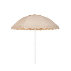Business & Pleasure Co. Patio Umbrella in Monaco Natural Stripe, featuring a dome-shaped canopy with natural tan and white stripes, scalloped edges, white piping and a white center pole.