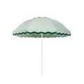 Business & Pleasure Co. Patio Umbrella in Rivie Greem, featuring a dome-shaped light green mist canopy with scalloped edges, contrasting dark forest green wave trim and a white center pole.