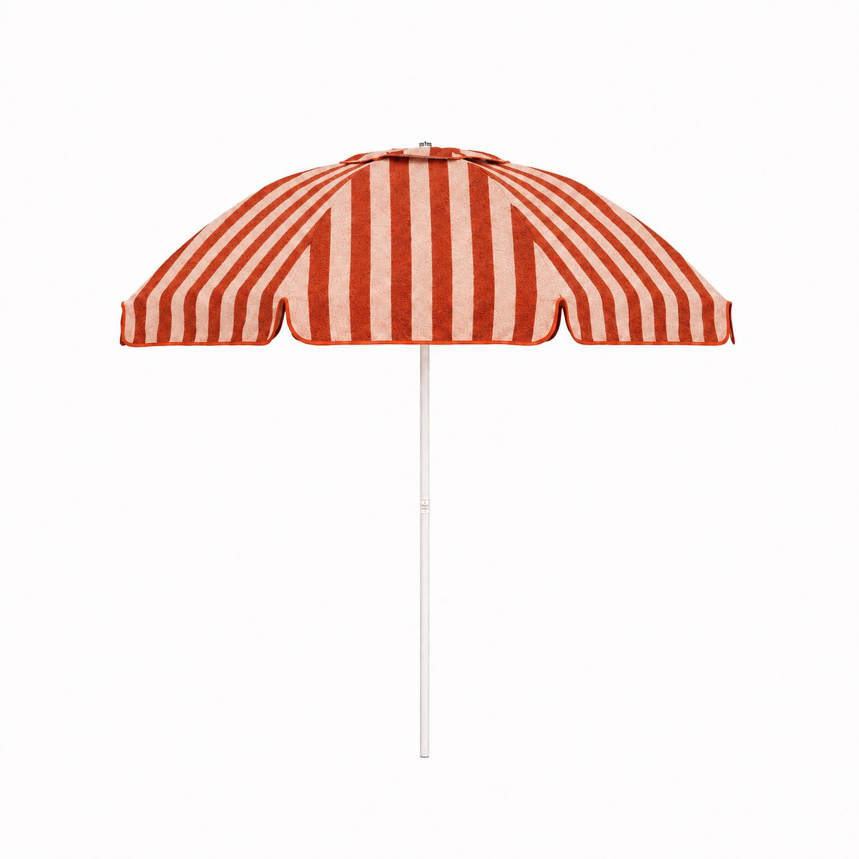 The Patio Umbrella in Terry Terracotta Stripe by Business & Pleasure Co. features a red and slightly pink/taupe stripe dome canopy in our new pleasuretex® fabrication with a white pole. Made for your home, patio, outdoor dining experiences.