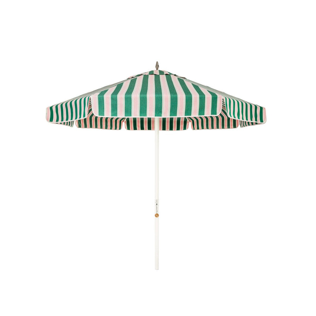 The Resort Market Umbrella in Bistro Green Stripe | 8' Antique White Frame Bundle Business & Pleasure Co. 