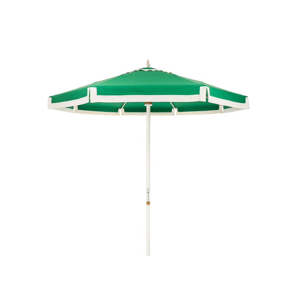 The Resort Market Umbrella in Border Valance Canyon Green | 8' Antique White Frame Bundle Business & Pleasure Co. 