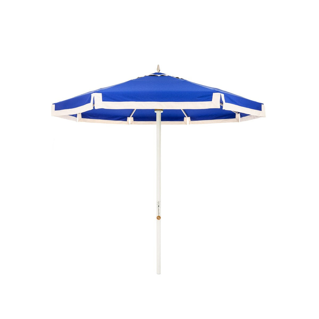 The Resort Market Umbrella in Border Valance Mediterranean Blue | 8' Antique White Frame Bundle Business & Pleasure Co. 