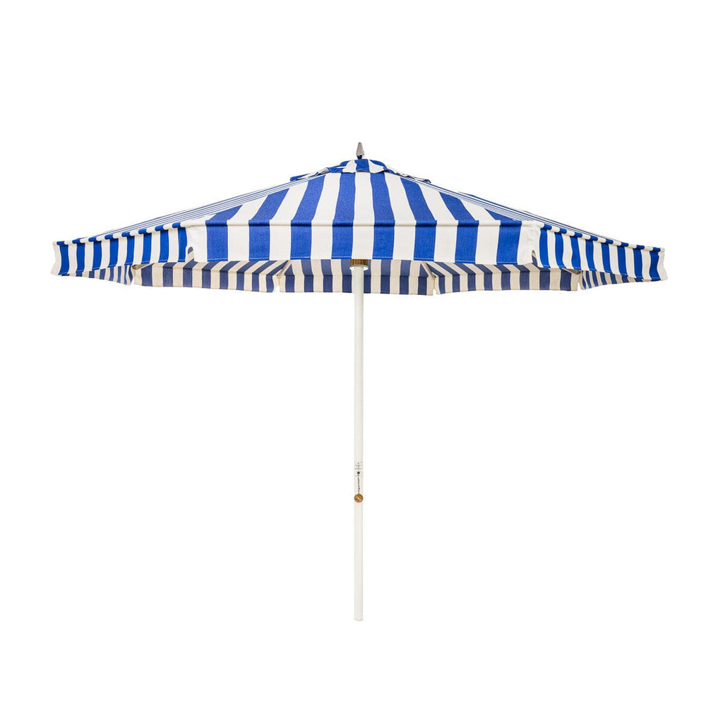 The Resort Market Umbrella in Crew Mediterranean Blue Stripe | 10' Antique White Frame Bundle Business & Pleasure Co. 