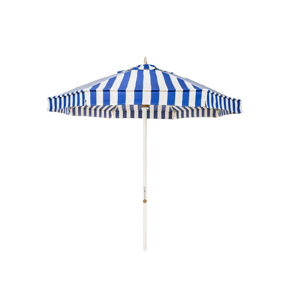 The Resort Market Umbrella in Crew Mediterranean Blue Stripe | 8' Antique White Frame Bundle Business & Pleasure Co. 