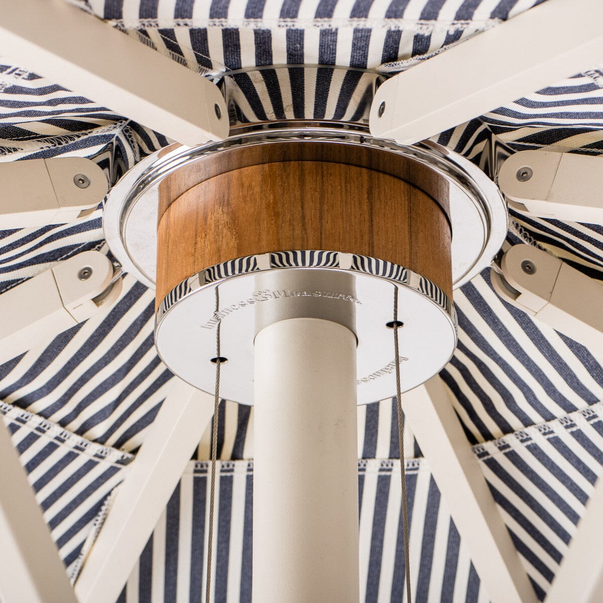 The Resort Market Umbrella in Lauren's Navy Stripe | 10' Antique White Frame Bundle Business & Pleasure Co. 