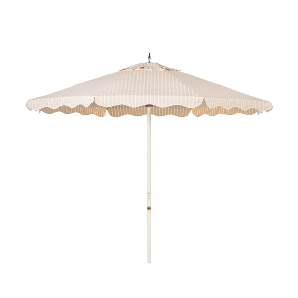 beige and white striped patio umbrella SunVilla 11' Round Cabana Stripe Aluminum Market designed for durability and style in your outdoor space 10 ft Patio Umbrella, Scalloped