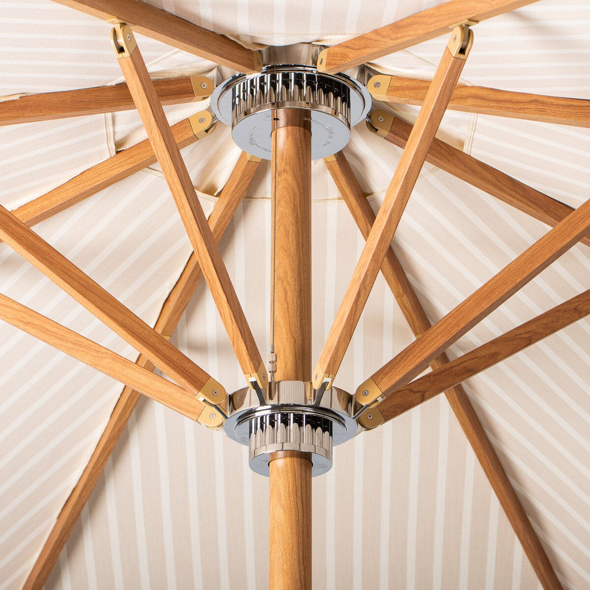 The Resort Market Umbrella in Monaco Natural Stripe | 10' Transfer Teak Frame Resort Market Umbrella Business & Pleasure Co. 