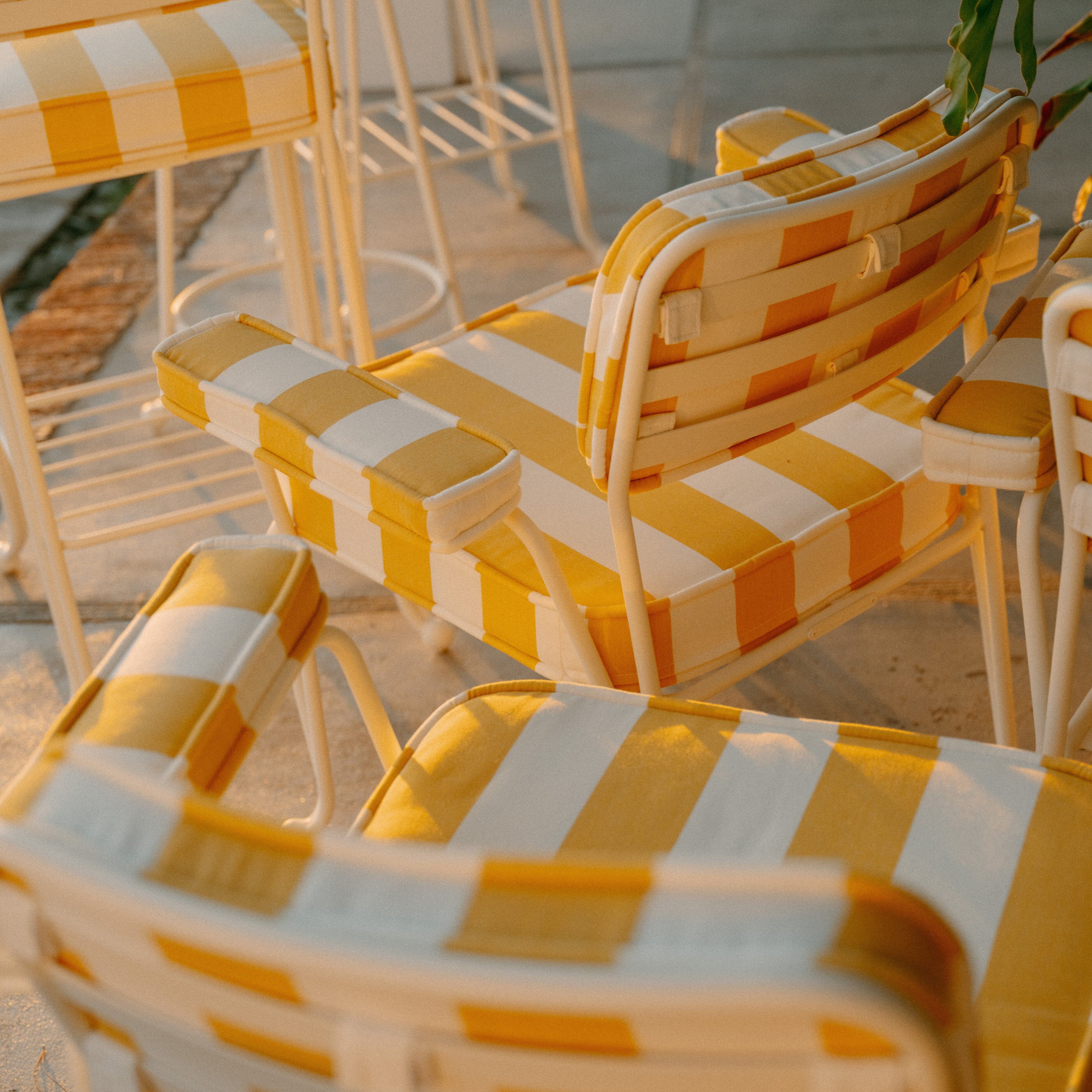 The Waterhouse Dining Chair in Crew Mimosa Yellow Stripe | Antique White Frame Bundle Business & Pleasure Co. 